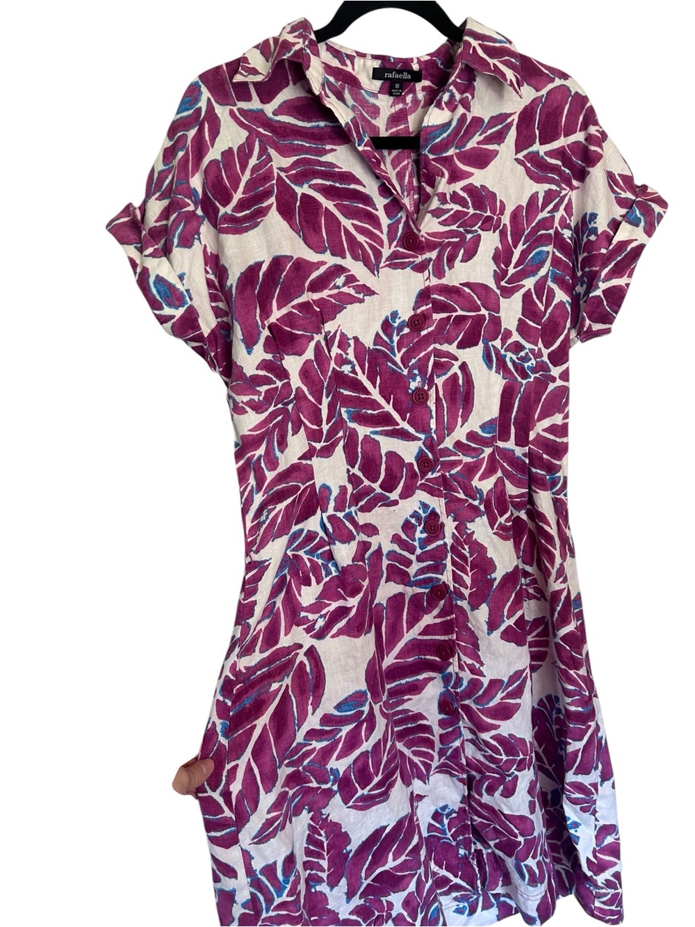 Rafaella Purple Leaf Print 100% Linen Short Sleeve Shirt Dress Mid Length